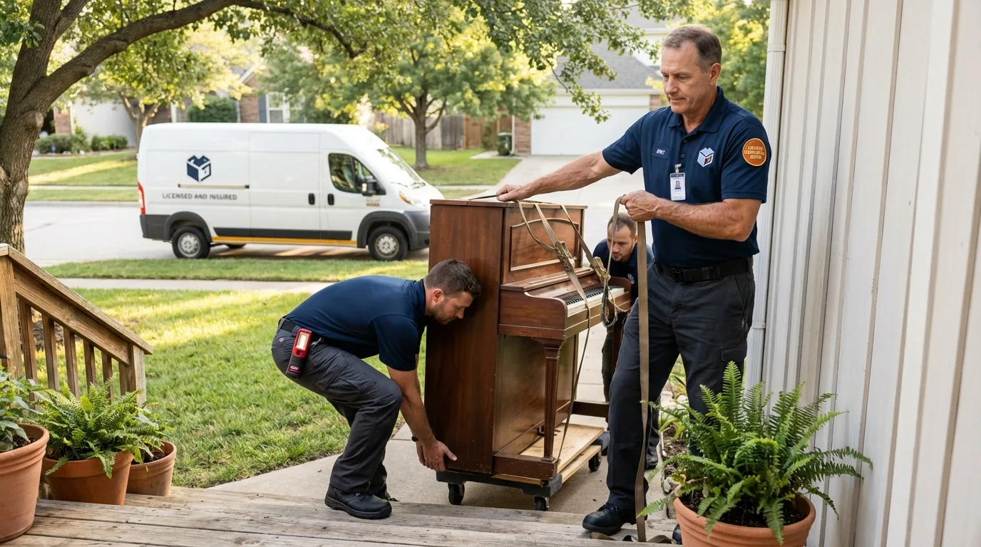 Licensed piano movers securing grand piano in Plympton, MA