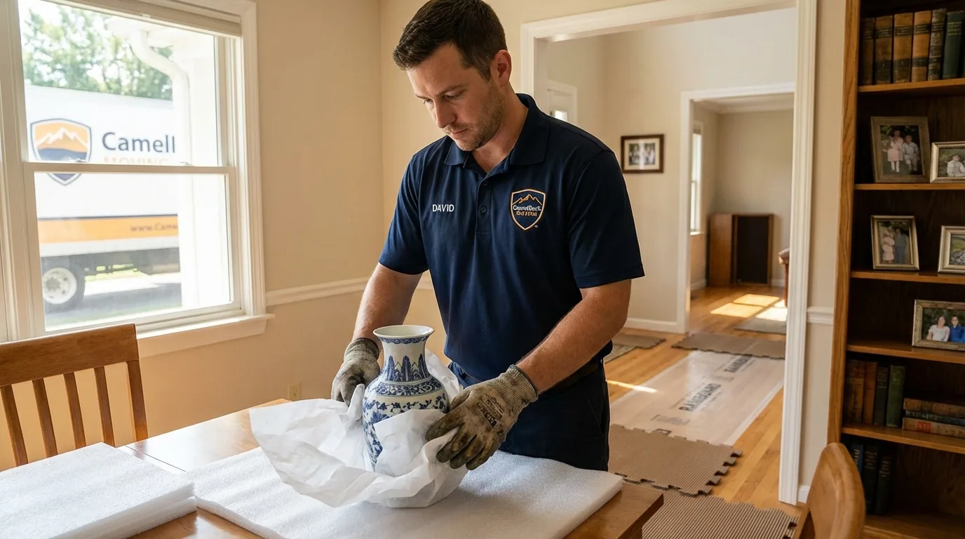 Professional crew carefully wrapping antique vase for senior downsizing move in Plympton, MA